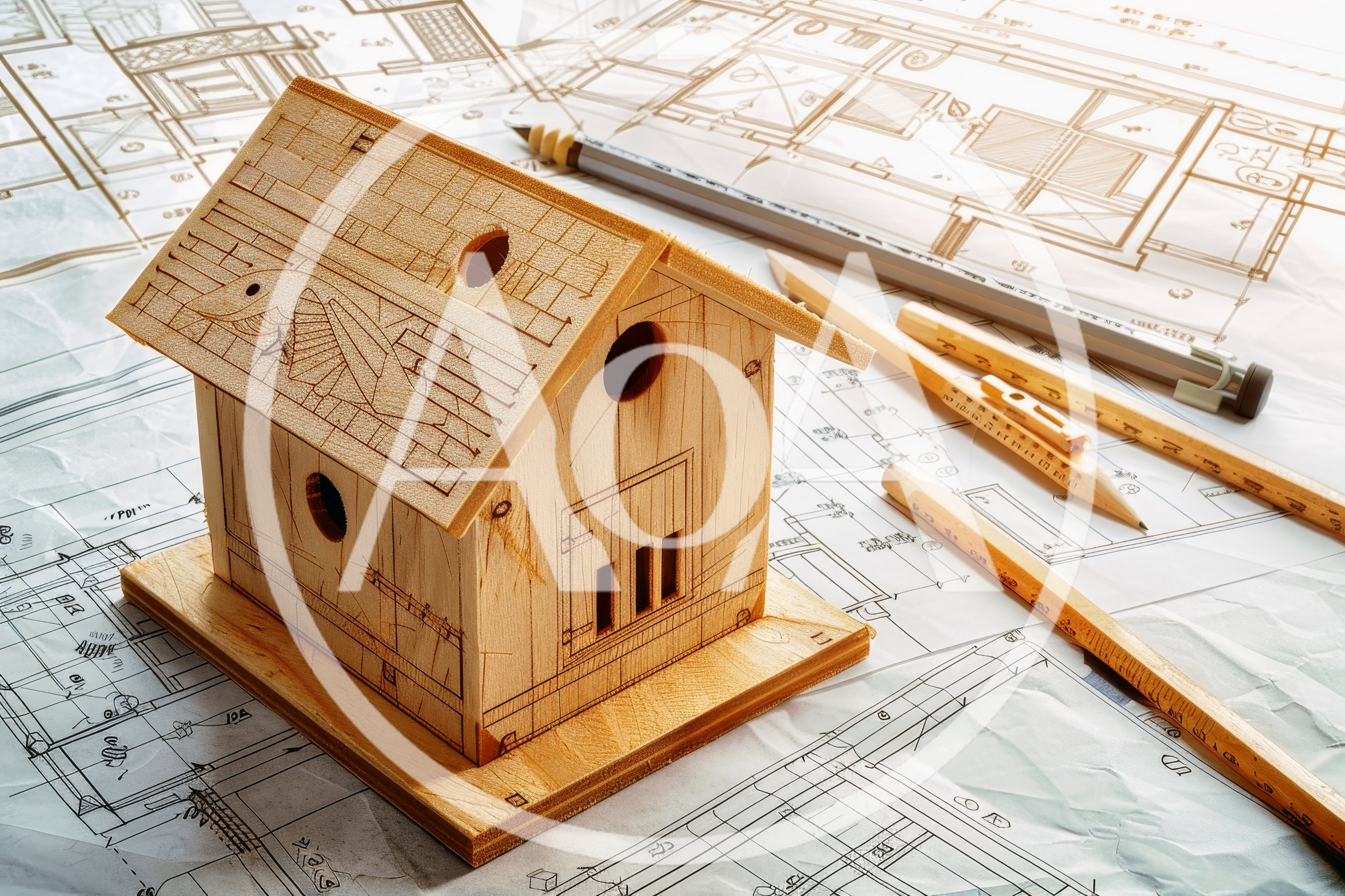 Wooden Birdhouse Model On Architectural Blueprints