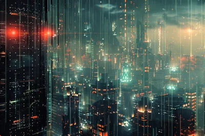 Futuristic Cyberpunk Cityscape With Digital Rain Effects