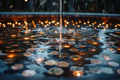 Coins Resting In A Fountain With Water Stream