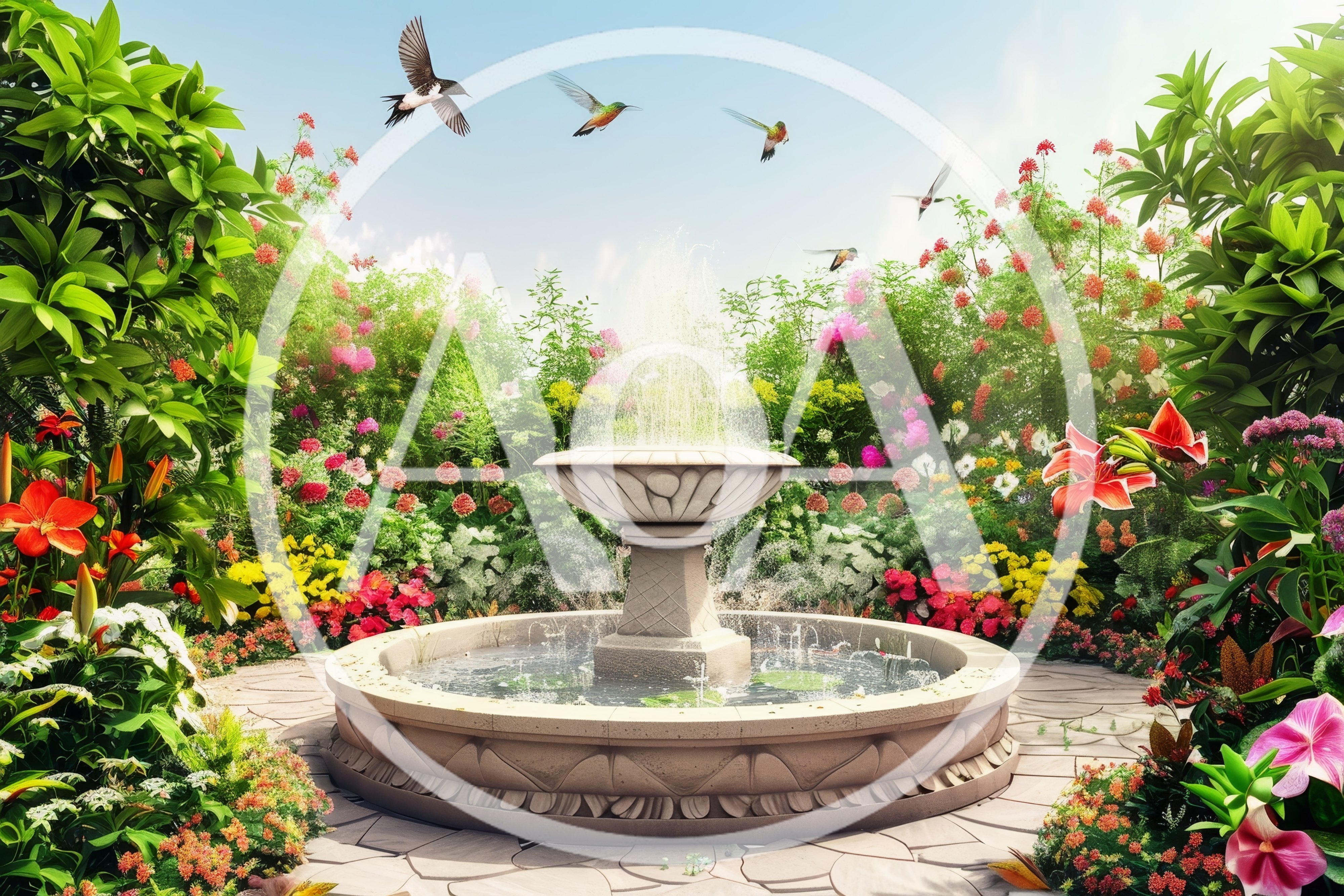 Stone Fountain in a Lush Blooming Garden