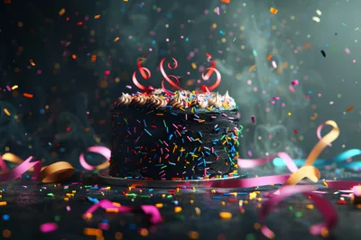 Black Birthday Cake With Colorful Sprinkles And Confetti