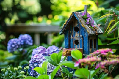 Rustic Blue Wooden Birdhouse In A Lush Garden
