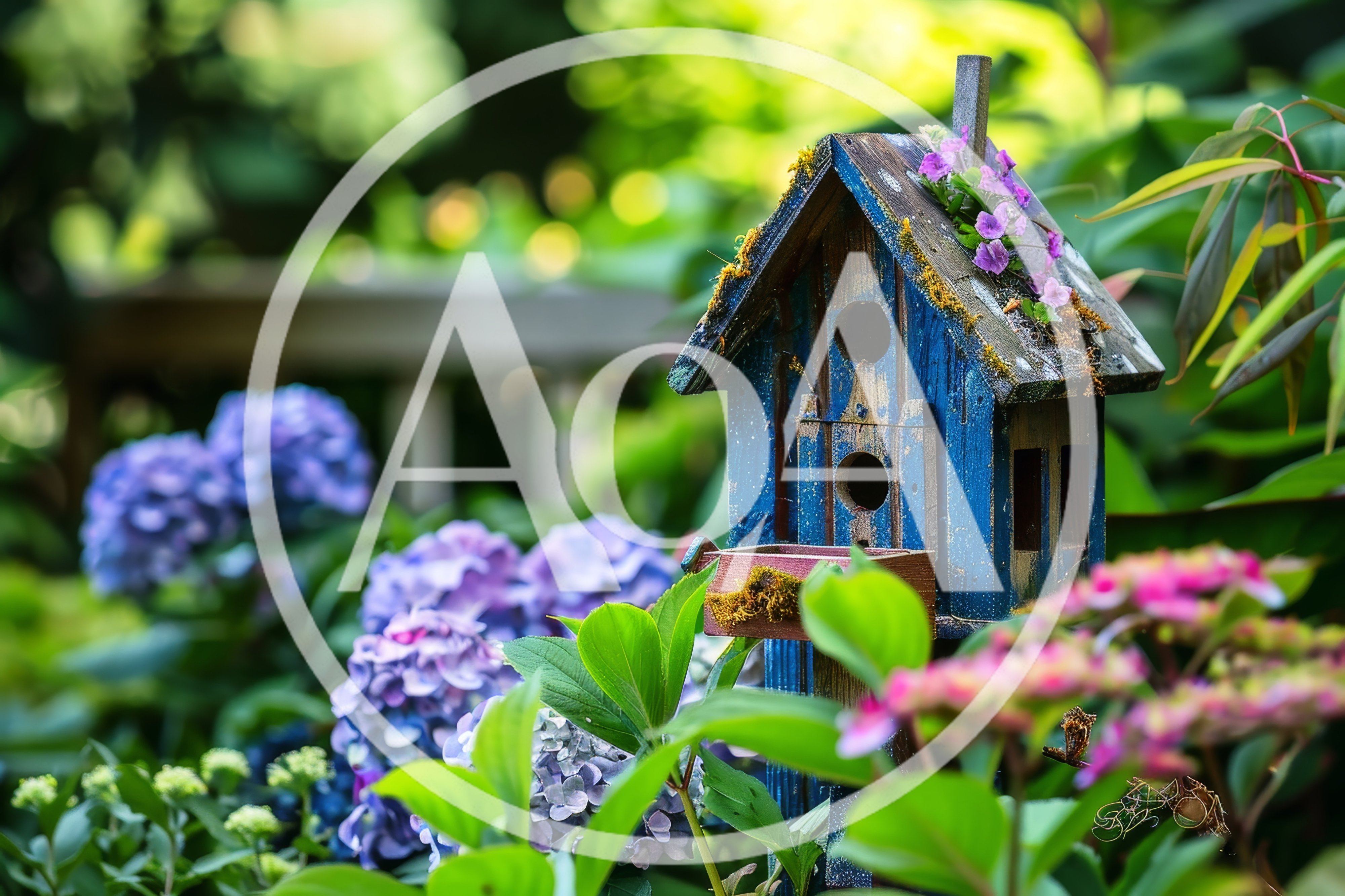 Rustic Blue Wooden Birdhouse In A Lush Garden