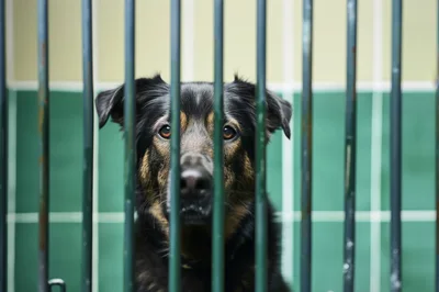 Sad Dog Looking Through Metal Kennel Bars