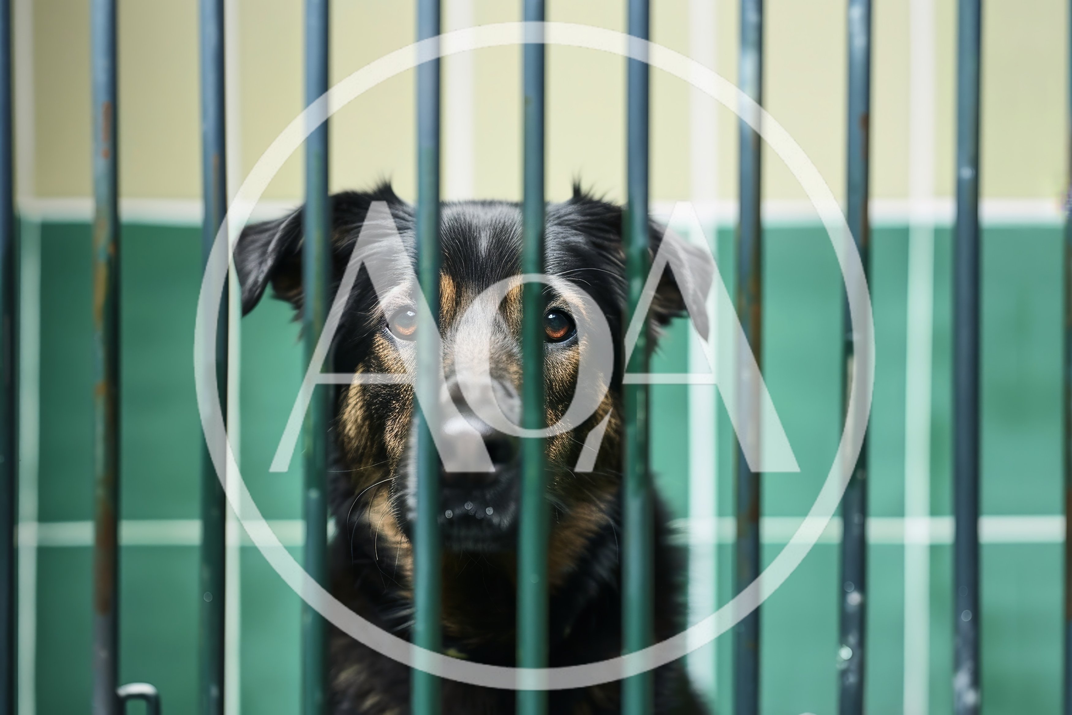 Sad Dog Looking Through Metal Kennel Bars