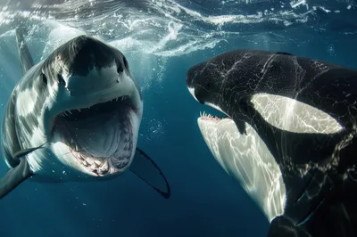 Great White Shark And Orca Confrontation Underwater