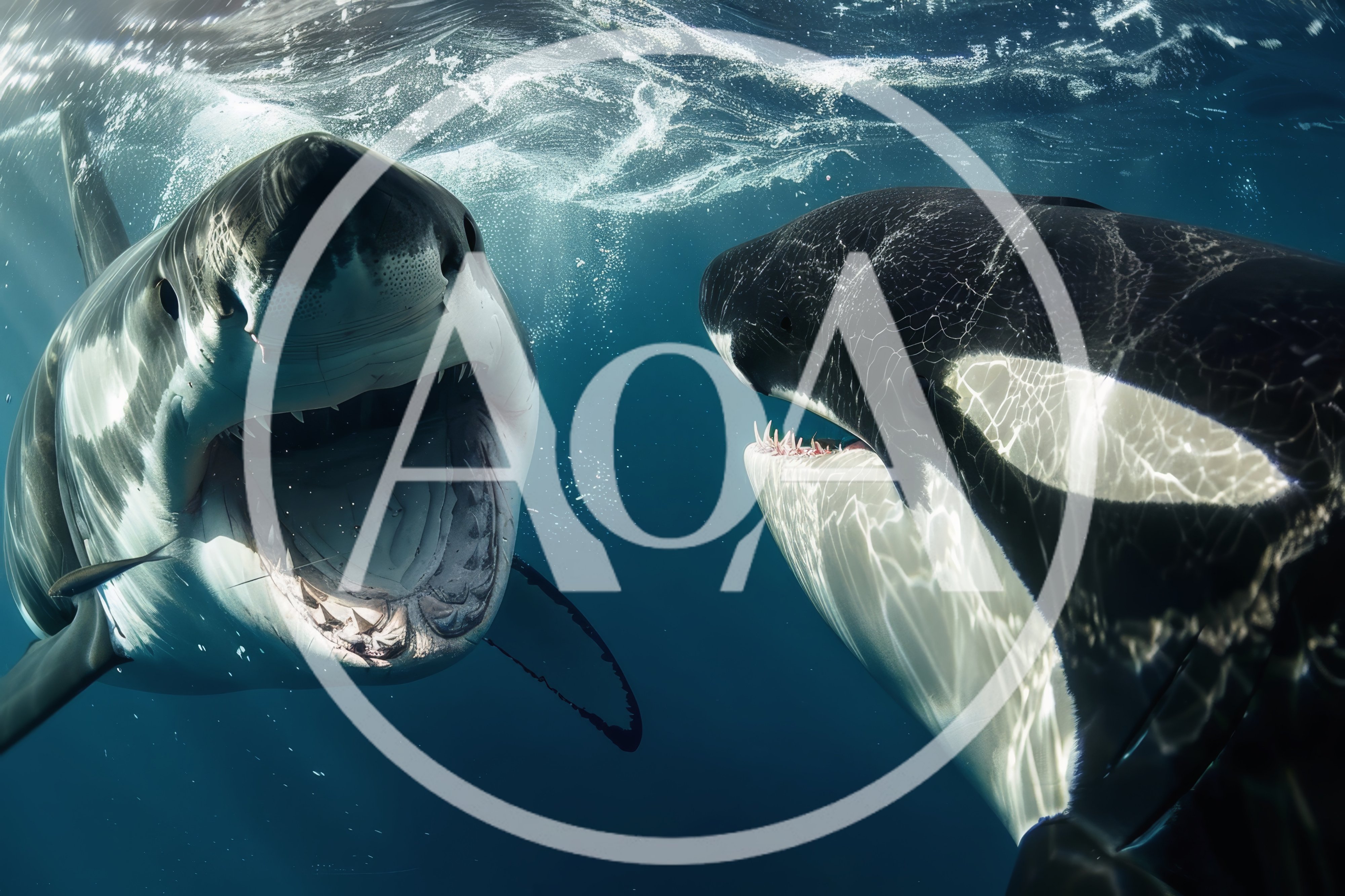 Great White Shark And Orca Confrontation Underwater