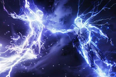 Two Electric Humanoid Figures Connecting In Space