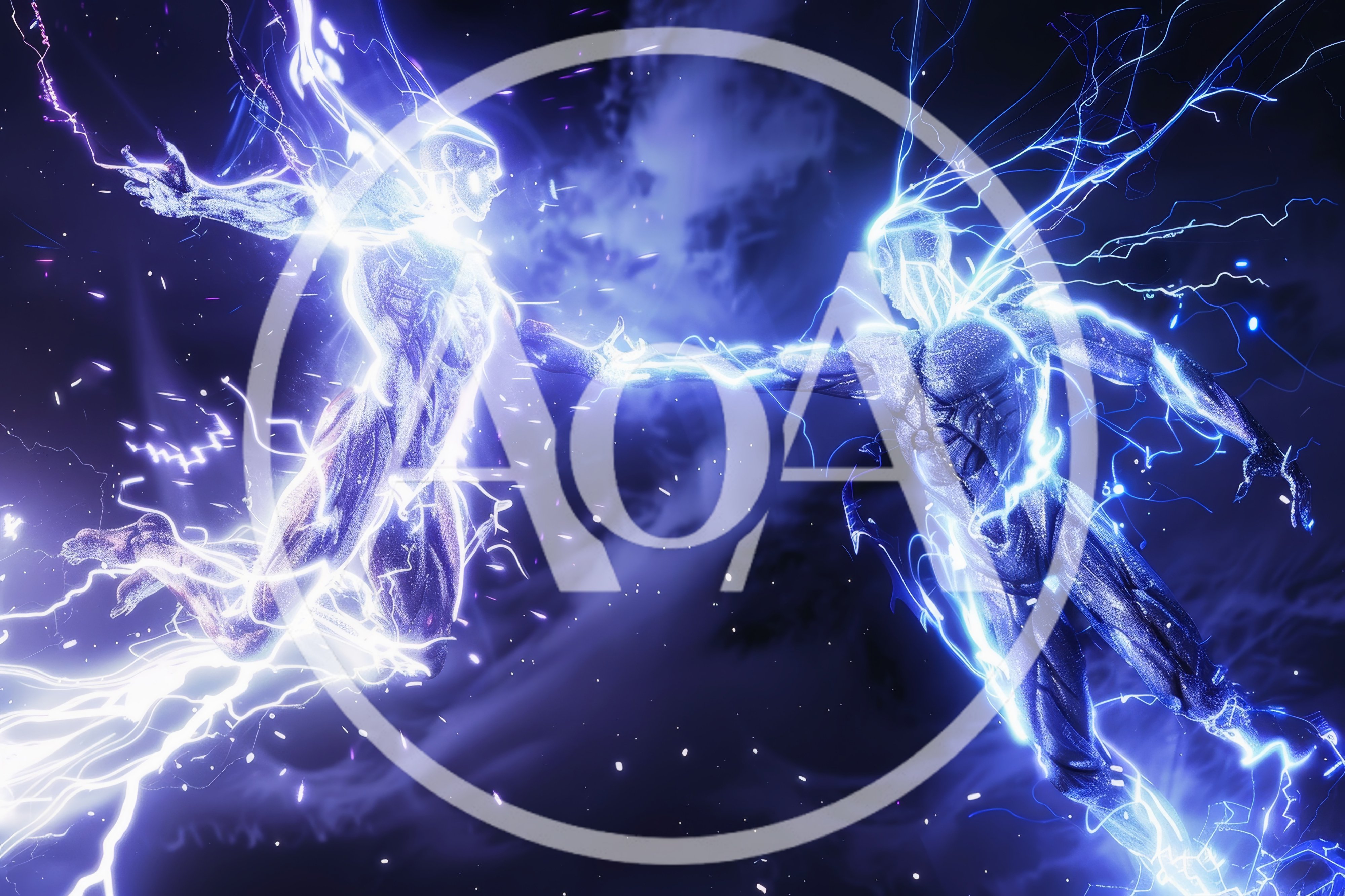 Two Electric Humanoid Figures Connecting In Space