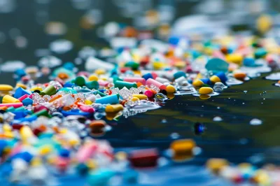 Colorful Plastic Microplastics Floating On Dark Water Surface