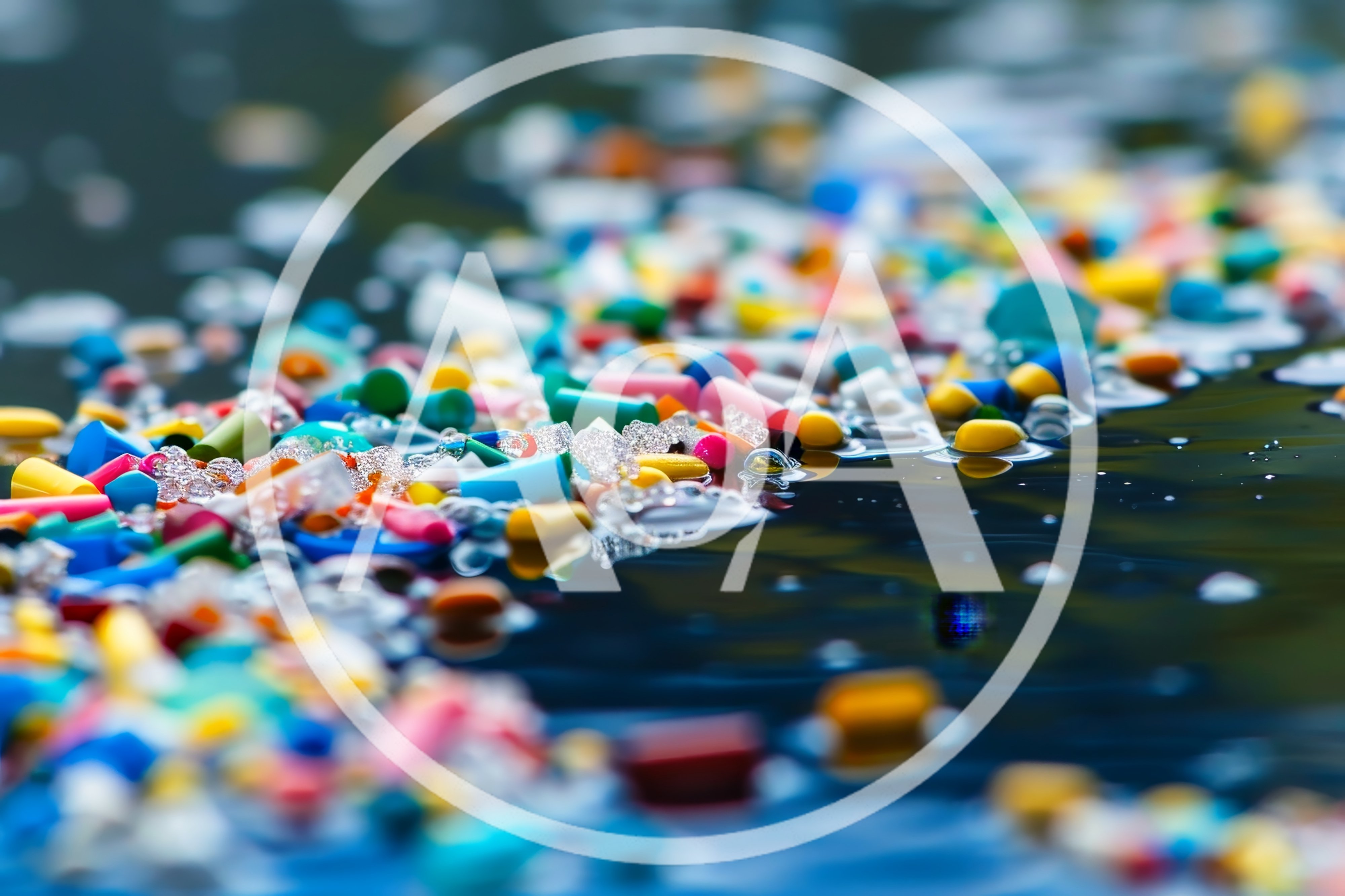 Colorful Plastic Microplastics Floating On Dark Water Surface