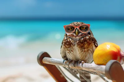 Burrowing Owl Wearing Sunglasses Relaxing On A Beach Chair