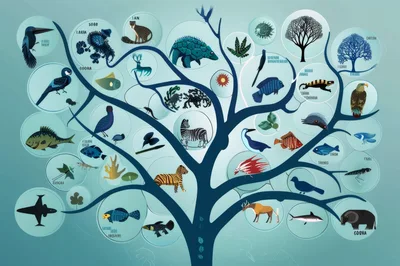 Evolutionary Tree Diagram With Diverse Animal And Plant Illustrations