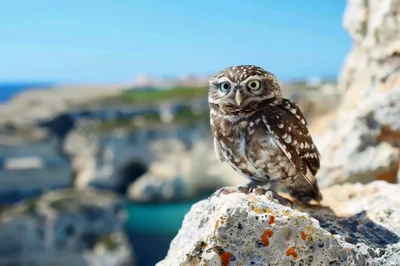 Little Owl Perched On A Rocky Coastal Cliff
