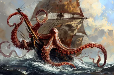 Giant Octopus Attacking A Sailing Ship At Sea