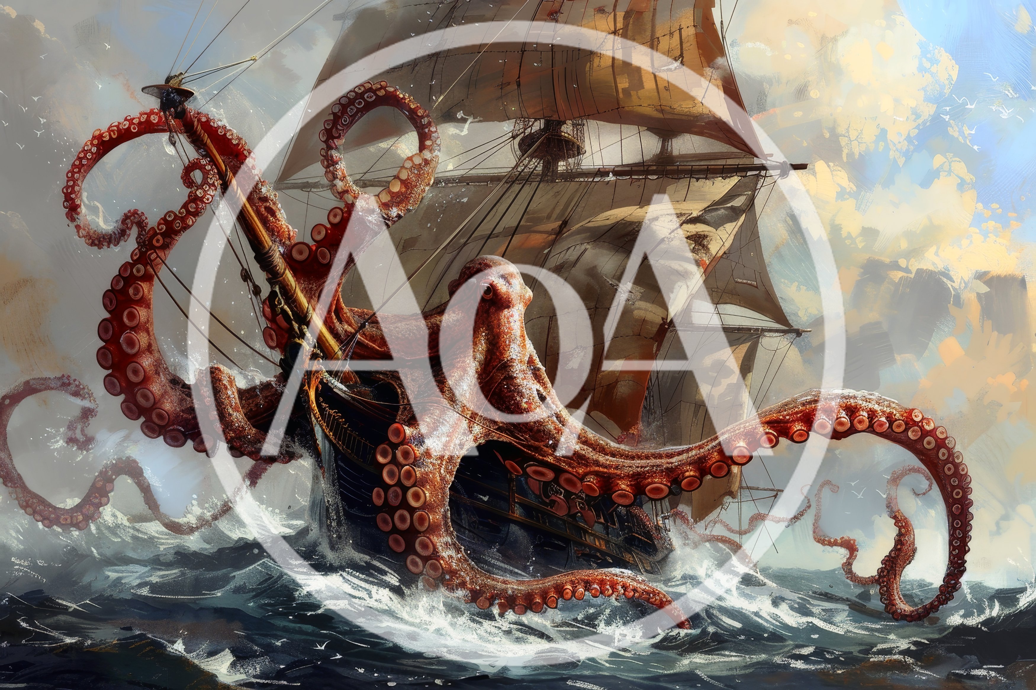 Giant Octopus Attacking A Sailing Ship At Sea