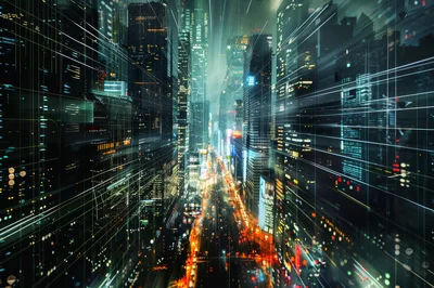 Futuristic Cyberpunk Cityscape With Digital Data Grid Overlay