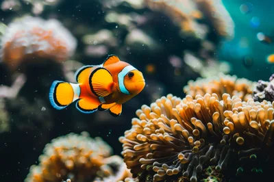 Clownfish Swimming Near Sea Anemone In Coral Reef