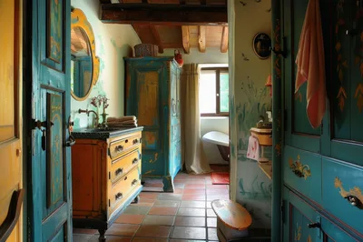 Rustic Bathroom Interior With Vintage Painted Furniture