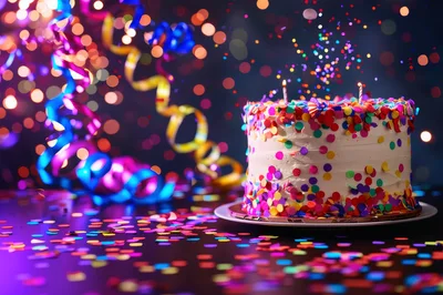 Birthday Cake With Confetti And Streamers