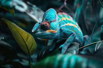 Vibrant Veiled Chameleon Perched On Tropical Foliage