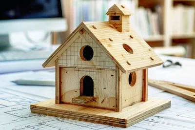 Wooden Architectural Model House On Blueprint Plans