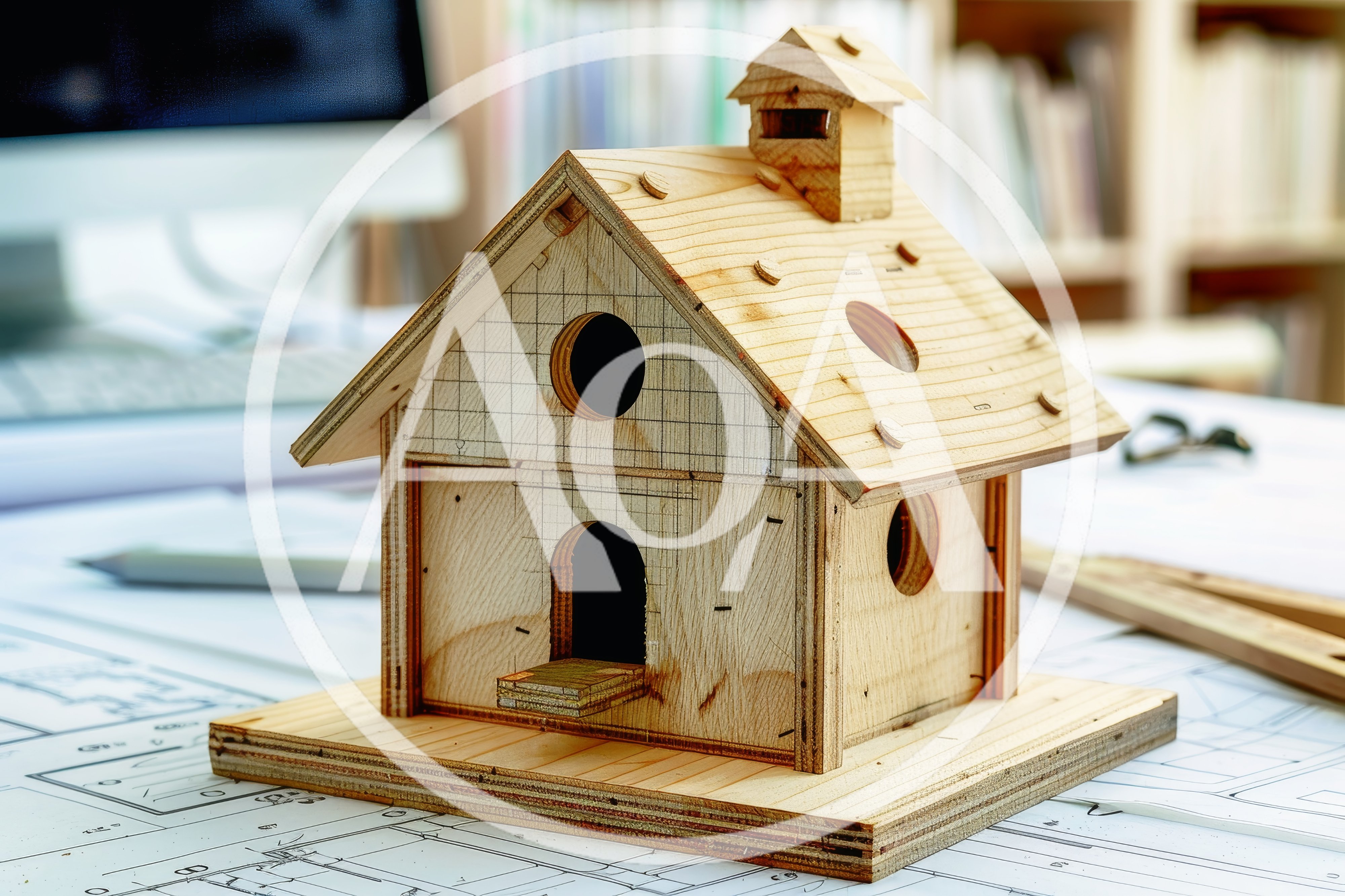 Wooden Architectural Model House On Blueprint Plans