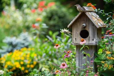 Small Bird Perched On A Rustic Wooden Birdhouse