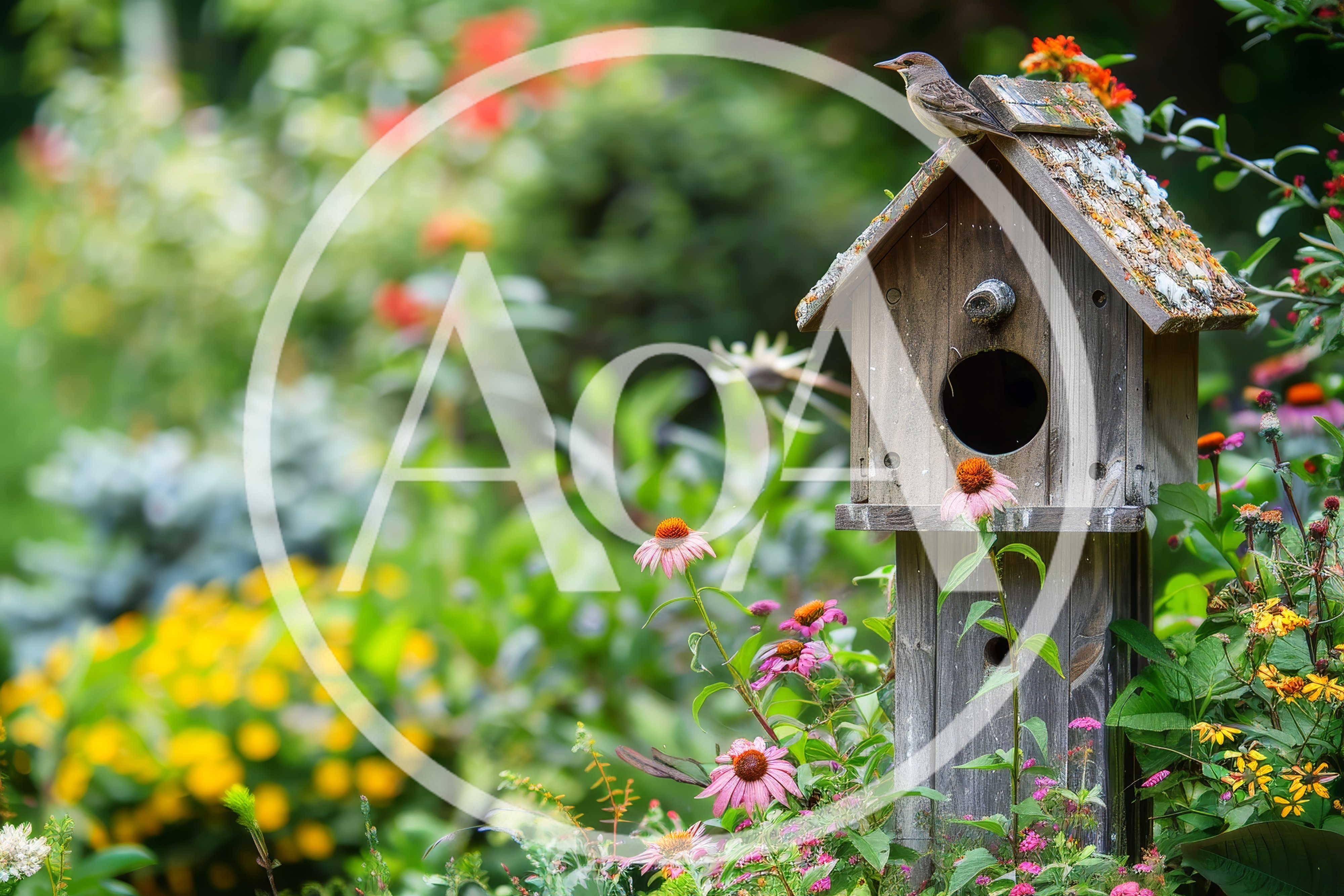 Small Bird Perched On A Rustic Wooden Birdhouse