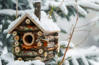 Rustic Wooden Birdhouse Covered In Fresh Winter Snow