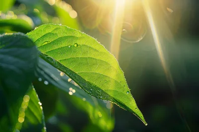 Sunlit Green Leaf With Dew Drops