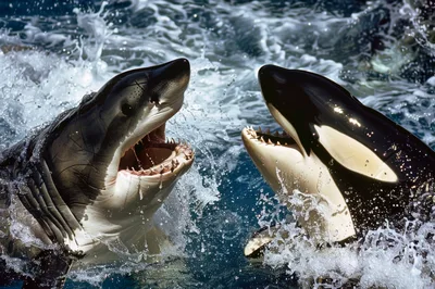 Great White Shark And Orca Confrontation In Ocean