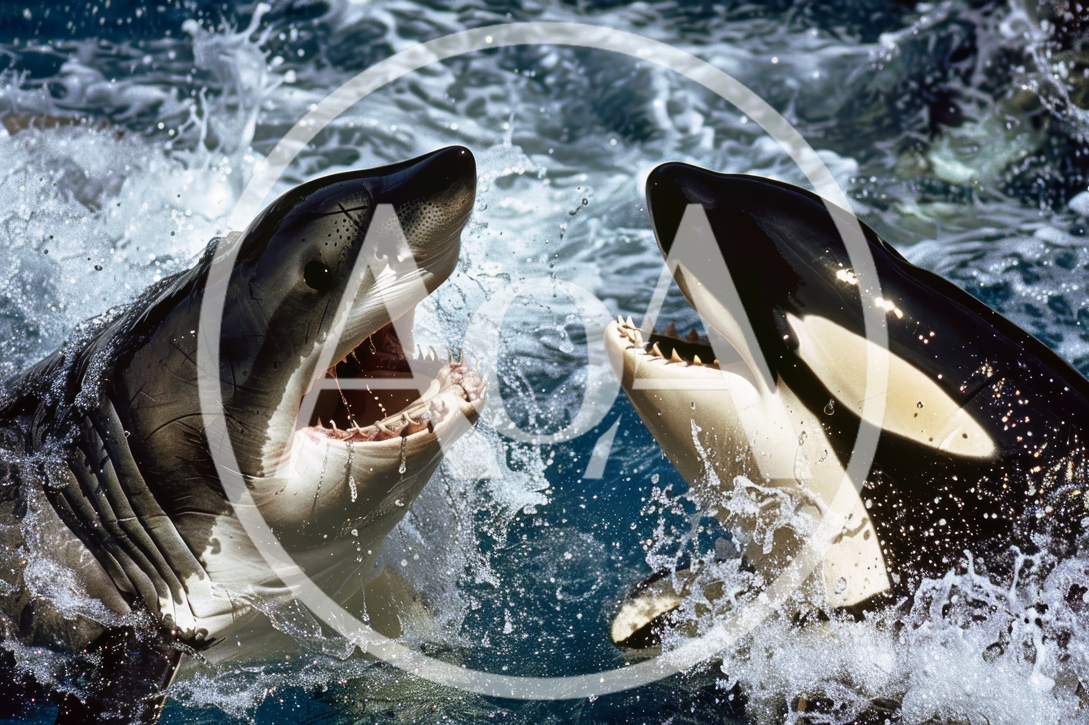 Great White Shark And Orca Confrontation In Ocean