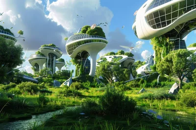 Futuristic Eco-Friendly City With Organic Architecture And Lush Nature