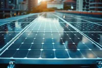 Close Up Of Solar Panels On Urban Rooftop