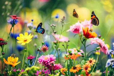Butterflies Flying Over A Vibrant Wildflower Meadow