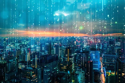 Digital Data Rain Over A Modern City Skyline