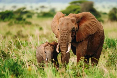 African Elephant Mother and Calf in Savanna