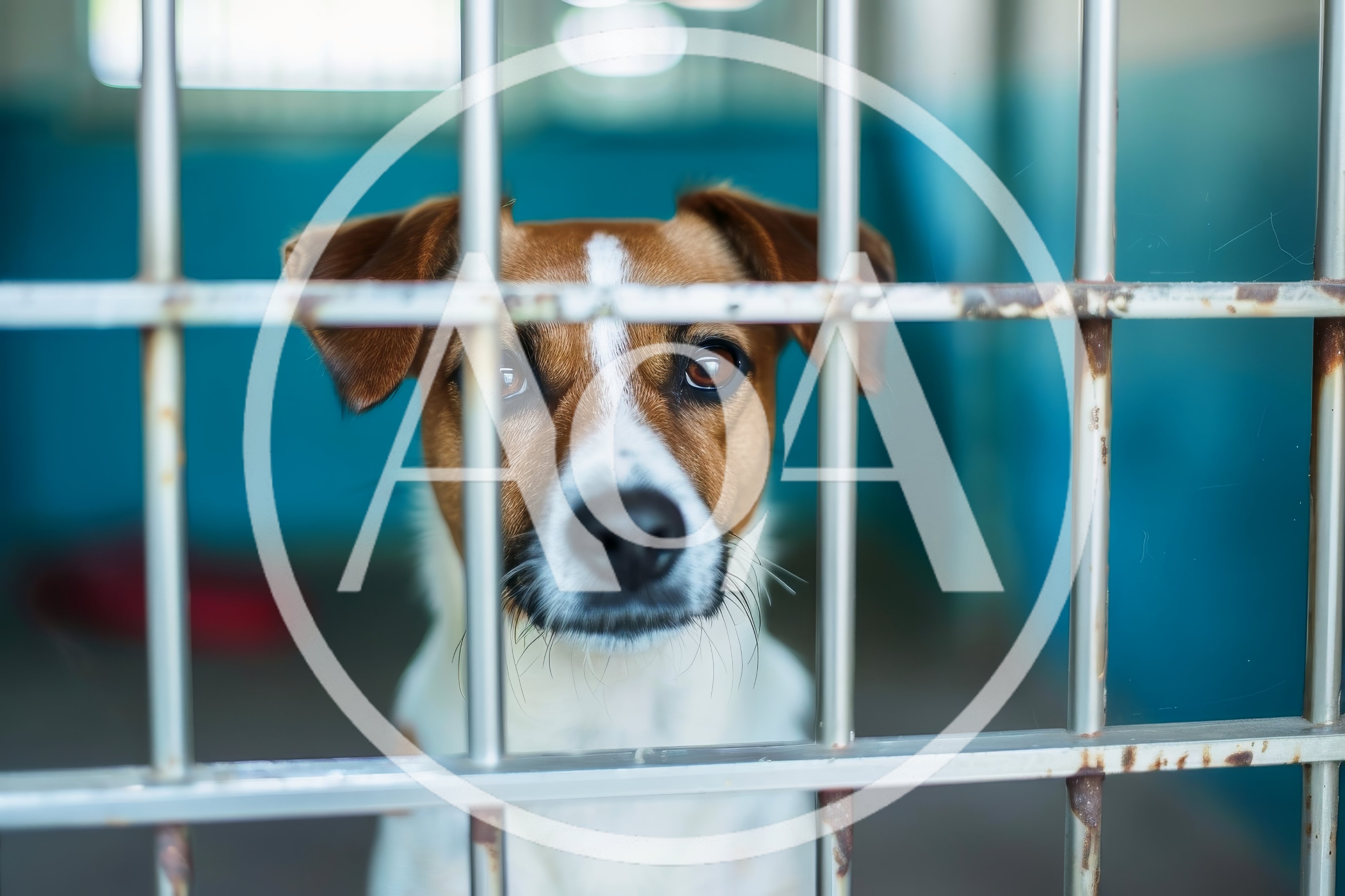 Sad Dog Looking Through Metal Kennel Bars