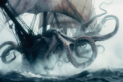 Giant Kraken Attacking A Wooden Sailing Ship
