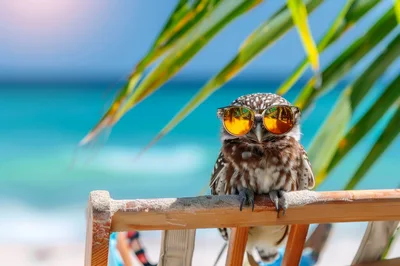Cute Owl Wearing Sunglasses Relaxing On A Beach Chair