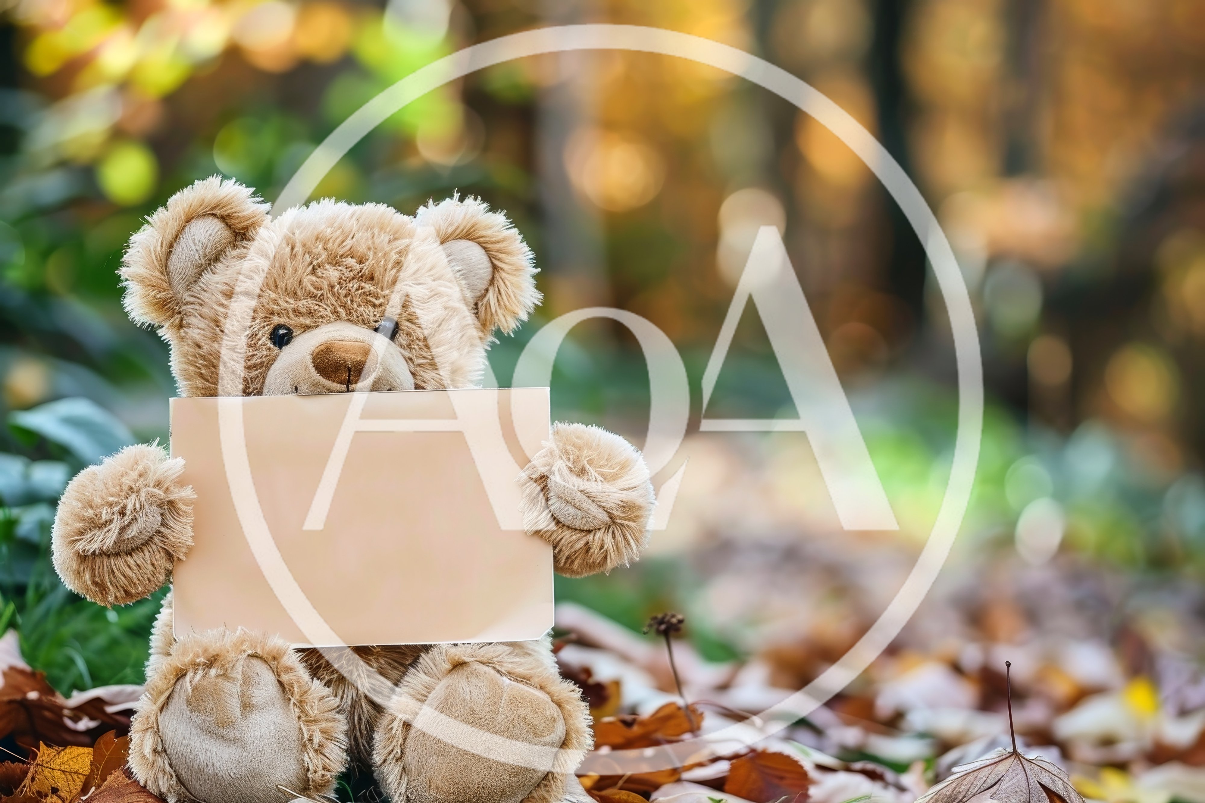 Teddy Bear Holding Blank Sign in Autumn Forest
