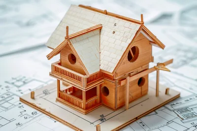 Wooden Architectural Model House On Blueprint Plans