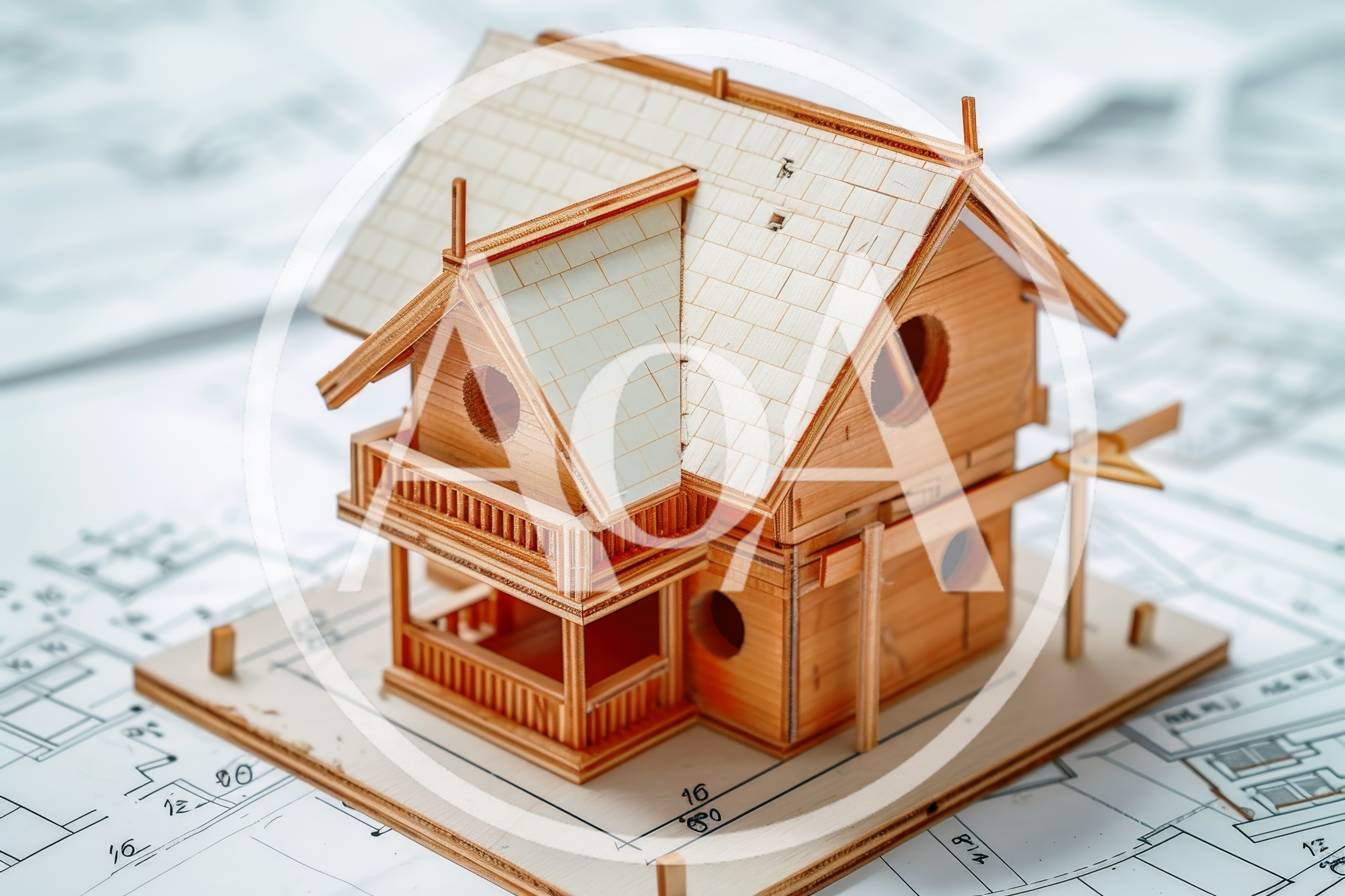 Wooden Architectural Model House On Blueprint Plans