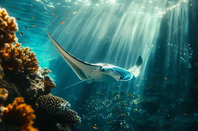 Manta Ray Swimming Near Tropical Coral Reef