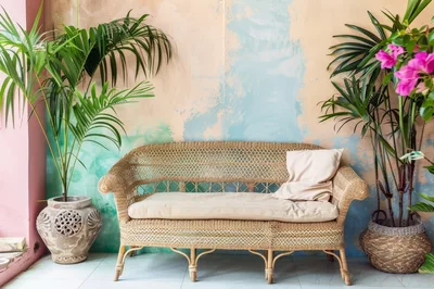 Wicker Sofa With Potted Plants Against Painted Wall