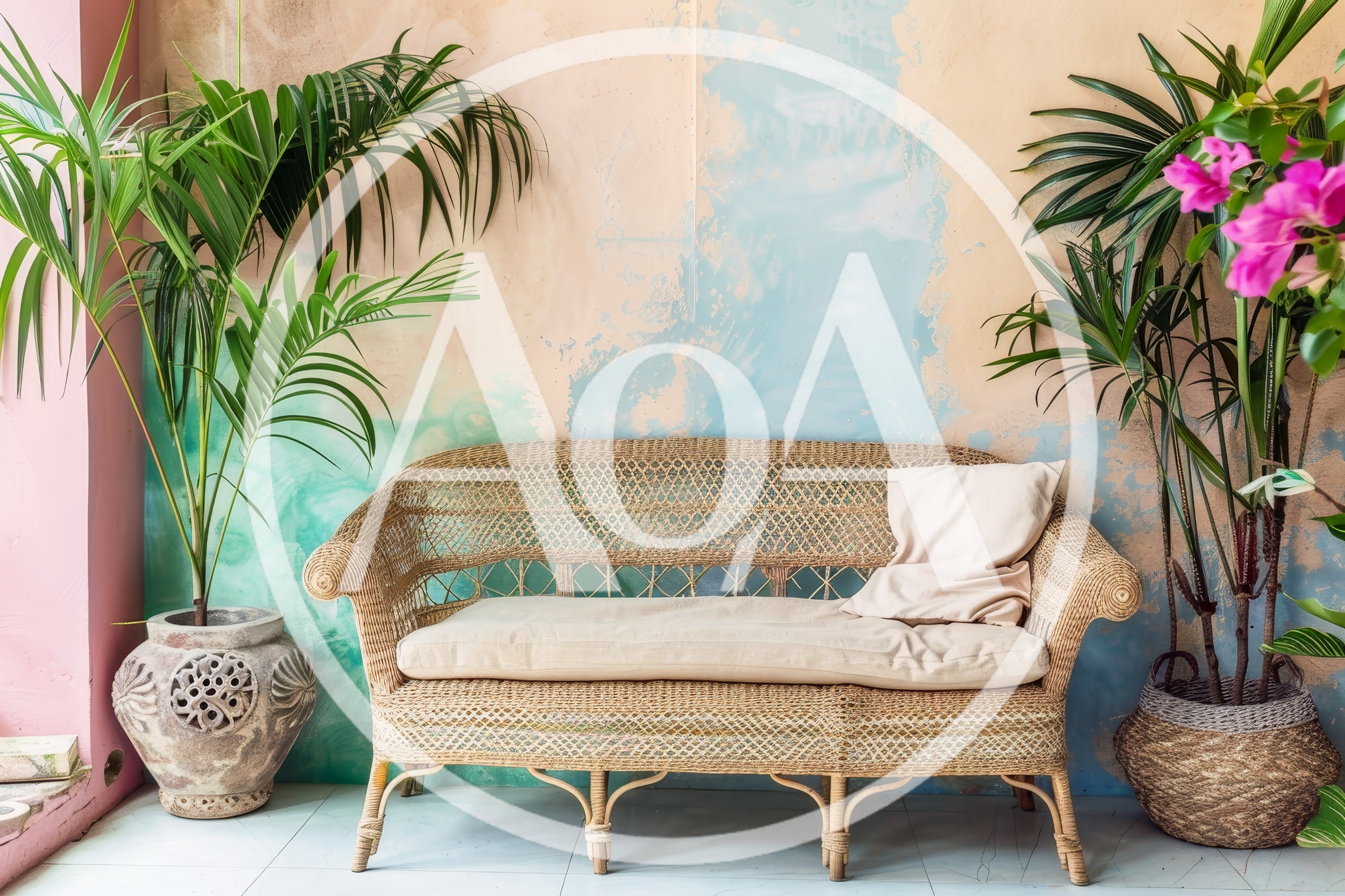 Wicker Sofa With Potted Plants Against Painted Wall