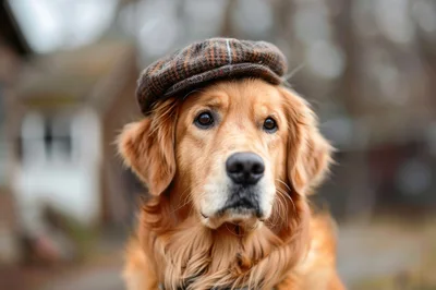 Golden Retriever Wearing A Vintage Tweed Flat Cap