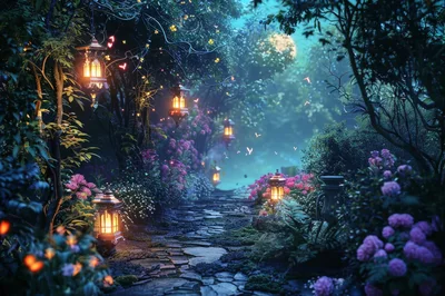 Enchanted Garden Path With Glowing Lanterns At Night