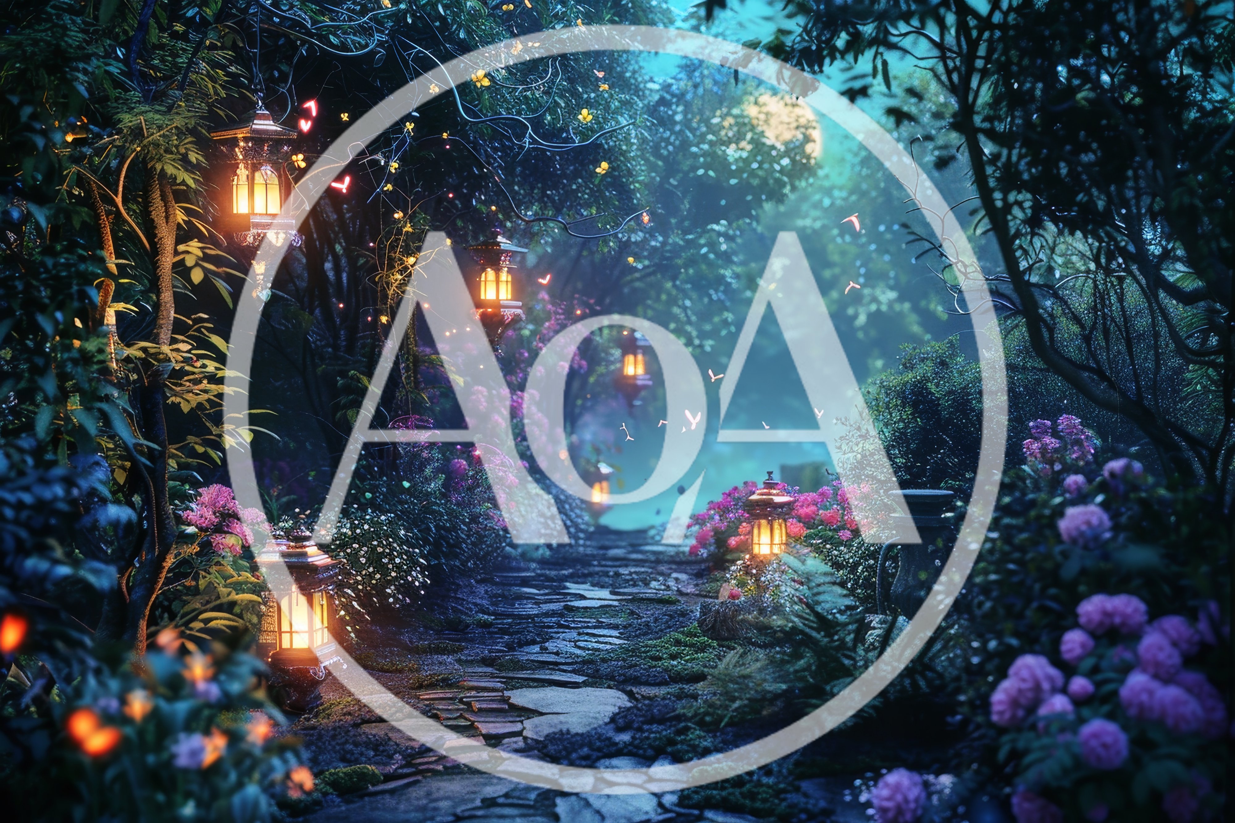 Enchanted Garden Path With Glowing Lanterns At Night